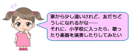 
家から少し遠いけれど、友だちどうしになれるかな……
それに、小学校に入ったら、歌ったり楽器を演奏したりしてみたい
