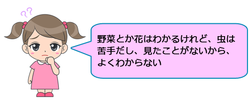 野菜とか花はわかるけれど、虫は苦手だし、見たことがないから、よくわからない