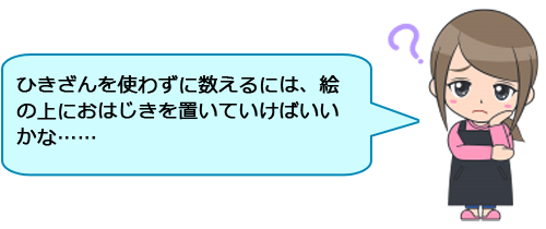 ひきざんを使わずに数えるには、絵の上におはじきを置いていけばいいかな……